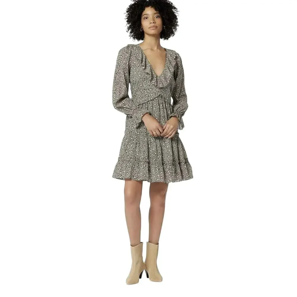 Joie NWT Adanson V-Neck Floral Long Sleeve Mini in Caviar Bleached Sand Size 8